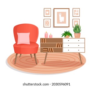 Cute interior with modern furniture and plants. Design of a cozy living room with soft chair, pillow, plants, pictures, carpet, dressers and books. Vector flat style illustration.