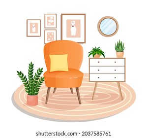Cute interior with modern furniture and plants. Design of a cozy living room with soft chair, plants, pictures, carpet, mirror, dresser. Vector flat style illustration.