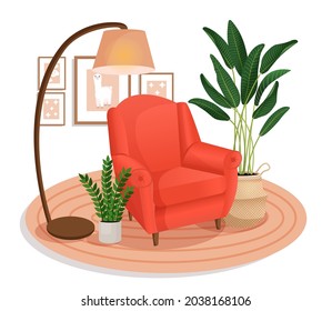 Cute interior with modern furniture and plants. Cozy room design with soft armchair, plants, wall pictures, carpet, lamp. Living room interior. Vector flat style illustration.