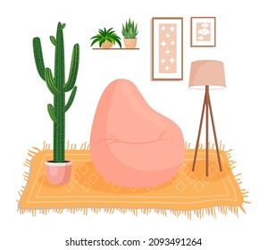 Cute interior with modern furniture and plants. Design of a cozy living room with soft pillow, pouf for sitting, houseplants, pictures, carpet and lamp. Vector flat style illustration.