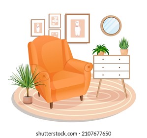 Cute interior and modern furniture   plants  Design cozy room and soft armchair  wall pictures  carpet  mirror  chest drawers  Living room interior  Vector flat style illustration 