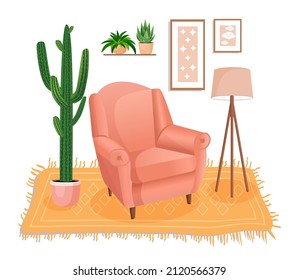 Cute interior with modern furniture and plants. Design of a cozy room with soft armchair, wall pictures, carpet, lamp. Living room interior. Vector flat style illustration