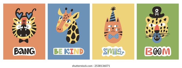 Cute interior posters with funny animals: cat, giraffe, tiger, cheetah and fun phrases