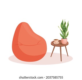 Cute interior with soft pillow, pouf for sitting. Cozy room design with fluffy seat, table, plants, coffee. Living room interior. Vector flat style illustration