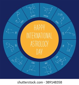Cute International Astrology Day background with schematic hand drawn zodiac constellations and hand written text