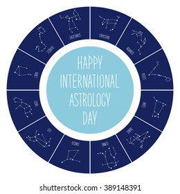 Cute International Astrology Day background with schematic hand drawn zodiac constellations and hand written text