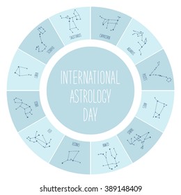 Cute International Astrology Day background with schematic hand drawn zodiac constellations and hand written text