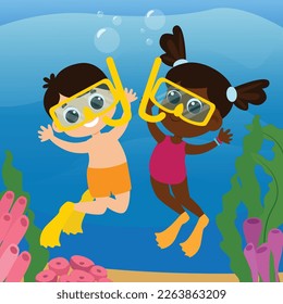 Cute international children boy and girl swim underwater near seaweed. Vertical scene in cartoon style. Can be used for children's puzzles.
