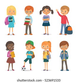 Cute international pupils with books and backpacks. Vector illustration