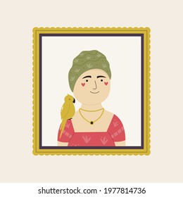 Cute interpretation of Frida Kahlo portrait. Stylized Fine Art, vector illustration