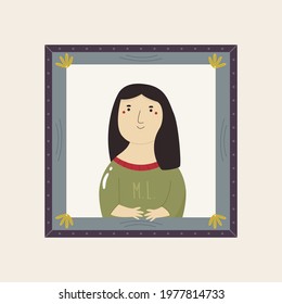 Cute interpretation of Mona Lisa by Leonardo da Vinci. Stylized Fine Art, vector illustration.