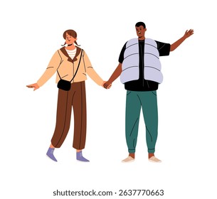 Cute interracial couple loves, holds hands together. Diverse man and woman rejoice, greeting. Happy friends standing, gesturing. International friendship. Flat isolated vector illustration on white
