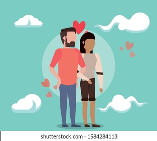 cute interracial lovers couple characters vector illustration design