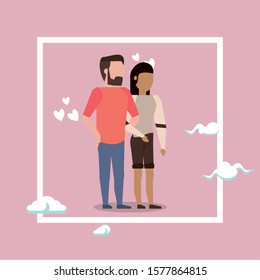 cute interracial lovers couple with clouds vector illustration design