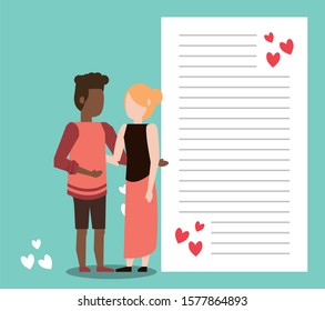 cute interracial lovers couple with letter and hearts vector illustration design