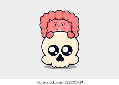 Cute Intestine cartoon character hiding in skull illustration in flat modern design