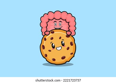 Cute Intestine cartoon character hiding in biscuits illustration in flat modern design
