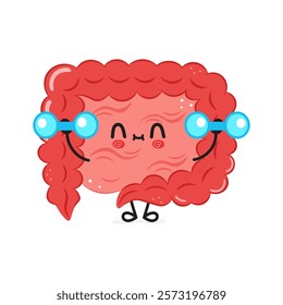 Cute Intestine character lifting dumbbells, white background, health concept