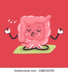 Cute intestine doing yoga exercises. Vector cartoon human internal organ character isolated on background.