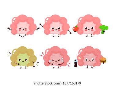 Cute intestine set. Healthy and unhealthy human organ. Vector modern style cartoon character illustration icon design. Healthy food,nutrition,intestine concept