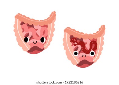 Cute intestines characters with smiling and sad face. Funny kawaii human internal organ with eyes. Healthy and illness gut, colon disease. Gastroenterology. Vector flat cartoon illustration