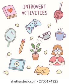 Cute introvert activities doodle like game, movie, knitting, book, cat in scribble clip art illustration. Vector isolated cartoon of activity for asset, design, icon, children