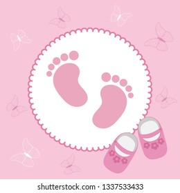 Cute invitation card for a baby girl with butterflies and footprints.