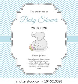 Cute invitation card for baby shower with little elephant and ball