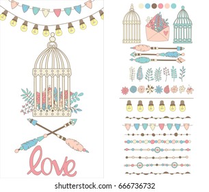 Cute invitation card contains set of hand drawn borders, garlands, flowers, cages, arrows. Hand drawn lamps, lanterns, flags. Plants, leaves. Used brushes included.