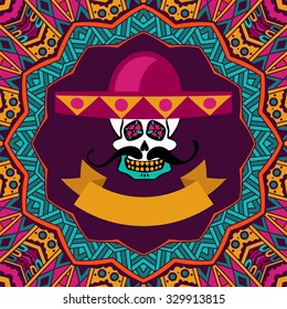 cute invitation card day of the dead, doodle sugar skull with mustache and sombrero vector illustration