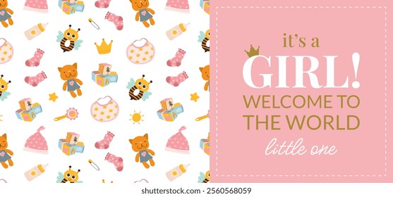 Cute invitation card or flyer for a baby shower, birthday, or gender reveal party. It's a Girl design. Horizontal template with a baby themed pattern and text on pink background. Vector illustration.