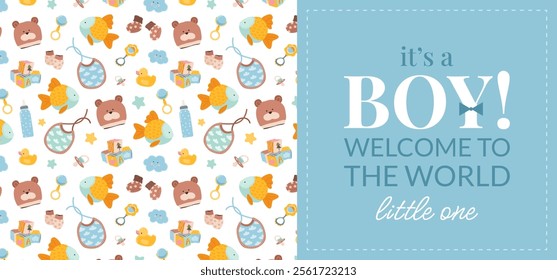 Cute invitation card or flyer for a baby shower, birthday, or gender reveal party. It's a Boy design. Horizontal template with a baby themed pattern and text on blue background. Vector illustration.