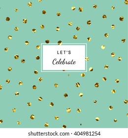 Cute invitation card with polka dot pattern and trendy gold texture, birthday, party, wedding card with text "Let's Celebrate".