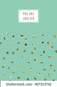 Cute invitation card with polka dot pattern and trendy gold texture, birthday, party, wedding card with text "You are invited".
