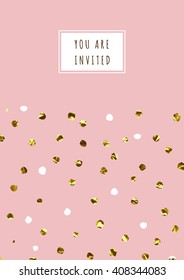 Cute invitation card with polka dot pattern and trendy gold texture, birthday, party, wedding card.