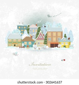 Cute invitation card with winter city life and space for text. Merry Christmas.