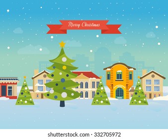 Cute invitation card with winter city life and space for text. Merry Christmas greeting card design. Vector illustration.