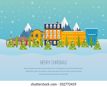 Cute invitation card with winter city life and space for text. Merry Christmas greeting card design. Vector illustration.