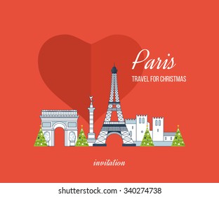 Cute invitation card with winter city life and space for text. Merry Christmas greeting card design. French Landmarks. Travel to Europe. Eiffel tower, Notre Dame in Paris, France