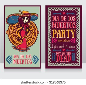 cute invitation cards for dia de los muertos, doodle sugar scull girl, vector illustration