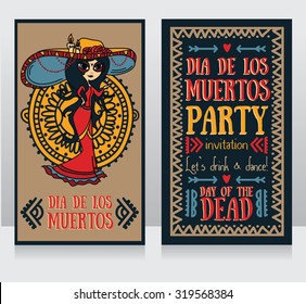 cute invitation cards for dia de los muertos, doodle sugar scull girl, vector illustration