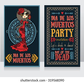 cute invitation cards for dia de los muertos, doodle sugar scull girl, vector illustration