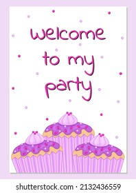 Cute invitation or greeting card with cupcake. Celebration postcard. Template for party, event, save the date card. Vector stock illustration EPS 10. Template for typography, printing.
