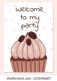 Cute invitation or greeting card with cupcake. Celebration postcard. Template for party, event, save the date card. Vector stock illustration EPS 10. Template for typography, printing.