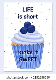 Cute invitation or greeting card with cupcake. Celebration postcard. Template for party, event, save the date card. Vector stock illustration EPS 10. Template for typography, printing.