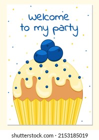 Cute invitation or greeting card with cupcake. Celebration postcard. Template for party, event, save the date card. Vector stock illustration EPS 10. Template for typography, printing.