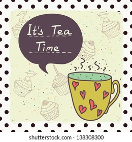 Cute invitation or greeting card template with cartoon tea cup, cupcakes and place for the text on polka dot background. Hand drawn vector illustration.