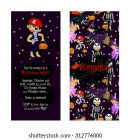 Cute invitation for kids Halloween party. Illustration of fairy, witch, death and pirate in cartoon style. Costume party invitation. Vector.