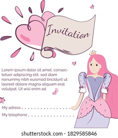 cute invitation from princess, template for little girl. Cartoon style vector illustration