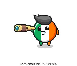 cute ireland flag badge character is holding an old telescope , cute style design for t shirt, sticker, logo element